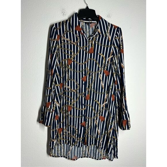 Marquis Women’s Blouse Size S Blue Brown Chain Pattern Button Down Long Sleeve - Picture 1 of 14
